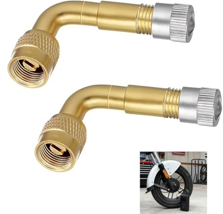 2 Pack Tire Valve Extension 90 Degree, Tyre Valve Extension Adapter, Brass Air Tire Stem Extension, Tire Extender for Passenger Cars, Motorcycles, Bicycles, Trailers, RV, Trucks with Metal Dust Cap