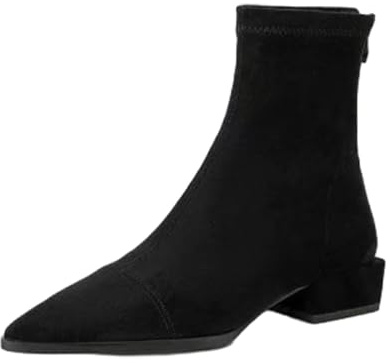 WXDTW Botas de punta puntiaguda para mujer, de ante retro, antideslizantes, con cremallera trasera, botas de tobillo para uso diario, informales, tacón grueso, botines cortos, Black, 35.5 EU