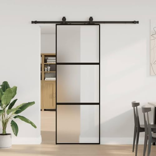 Ordellia Kit porte coulissante noir 76x205 cm en verre trempé avec rail en aluminium robuste pour intérieur et extérieur, sécurité et isolation phonique dans salon, chambre ou garage