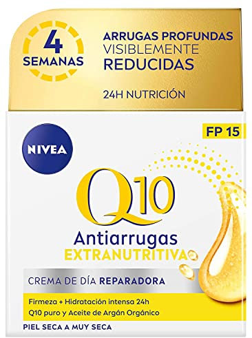 NIVEA Q10 Power Antiarrugas Crema de Día Extra-Nutritiva (1 x 50 ml), crema facial antiarrugas con coenzima Q10 y aceite de argán, crema antiedad con FP15 para piel seca