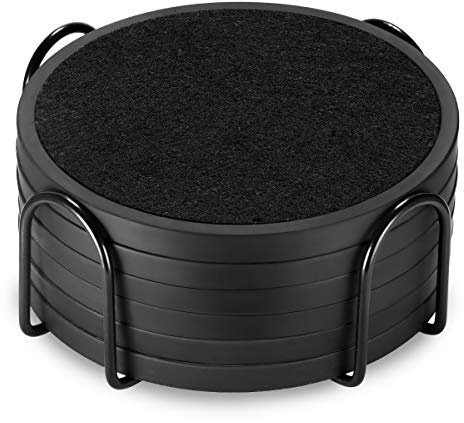 Absorbent Coasters for Drinks with Holder - 6packs, Silicone Coaster with Soft Felt Insert, Black (Coasters with Holder, Black)