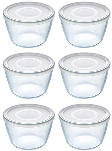 Pyrex Microwave Safe Classic Round Glass Dish with Plastic Lid 0.6 Litre White (Pack of 6)