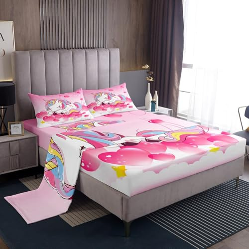 Set di biancheria da letto per bambine e ragazzi, motivo unicorno e cuore, rosa, arcobaleno, magico, animale, fantasia, 4 pezzi, king size