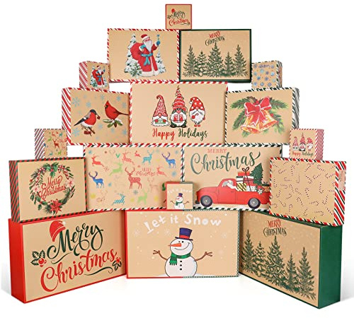 Geschenkbox Weihnachten mit Deckel-18 Stück Kraft Pappschachteln für Geschenke in 4 Größen, Vintage Weihnachtsboxen Set 12 Muster, Weihnachtsschachteln mit Namensetiketten, Kleidung Geschenkbox