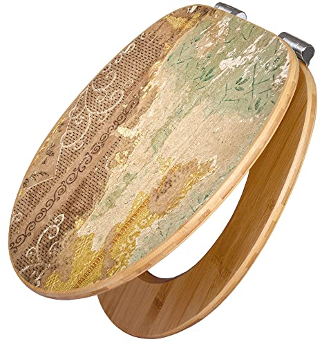 banjado Design WC Sitz Bambus Absenkautomatik 45,8x37,5cm / Toilettendeckel mit Absenkautomatik Holz/hochwertiger Bambus Klodeckel/WC-Sitz für gängigen Toiletten/Motiv Alte Tapeten