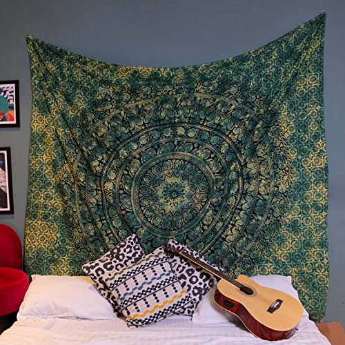 Wandteppiche, Hippie-Mandala-Wandbehang für Schlafzimmer, 213X228 cm, Elefanten-Wandbehang,grüne Wandteppich aus indischer Baumwolle, Strandüberwurf,Hippie-Decke für Zuhause, Wohnzimmer, Dekoration