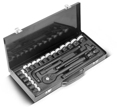 STAHLWERK Steckschlüssel-Satz 24-teiliger Knarrenkasten | Ratschen-Set | Steckschlüssel-Set | Stecknuss-Satz | Ratschenkasten | Steckschlüsselkasten mit 1/2 Umschaltknarre, Stecknüssen und Zubehör