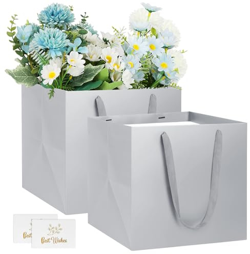 NAHRMY 2 Stück Silber Geschenktüte Papiertüten, Quadratische Geschenktüten Geschenk Tüten aus Papier für Abschlussfeier Geburtstag Hochzeit Weihnachten Party 20 x 20 x 20 cm