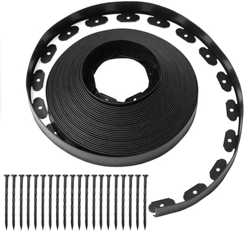 12m Flexible Lawn Garden Edging Border, 5CM High Plastic Grass Path Edge with 60 Reinforced Pegs, Professional Landscape Borders Dividers for Yard, Flower Bed, Gravel, All Weather Resistant