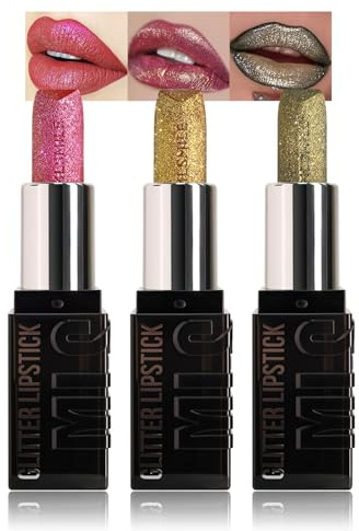 Glitzer Lippenstift Set Metallic Finish, 3 Farben Shimmer Lipstick Set mit Lang Anhaltendem 3D-Glanz, Diamant Lippenstifte mit Intensive Farbe, Cremige & Feuchthaltende Formel, Festival Lippen Make Up