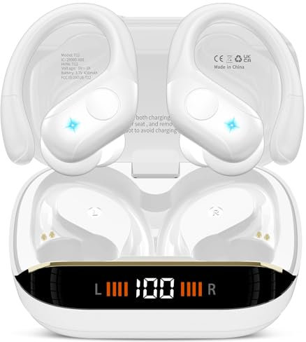 Wireless Earbuds, 75H Bluetooth 5.4 Headphones, Sport Wireless Earphones with 4 ENC Mic, Stereo Bass, IP7, Bluetooth Earbuds with Earhooks for Workout/Running/Work, Dual LED Display Ear buds, White