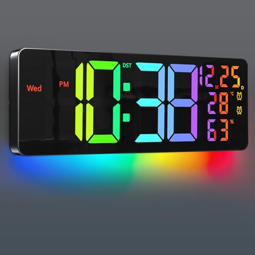 GLOKUUCA 17.2 Large Digital Wall Mount Clock, Count Down Timer, Alarm, Big LED, 11 RGB Color, Temperature for Living Room Classroom Desk, Xmas, Birthday Gift for Senior Mom Dad (Rectangle)