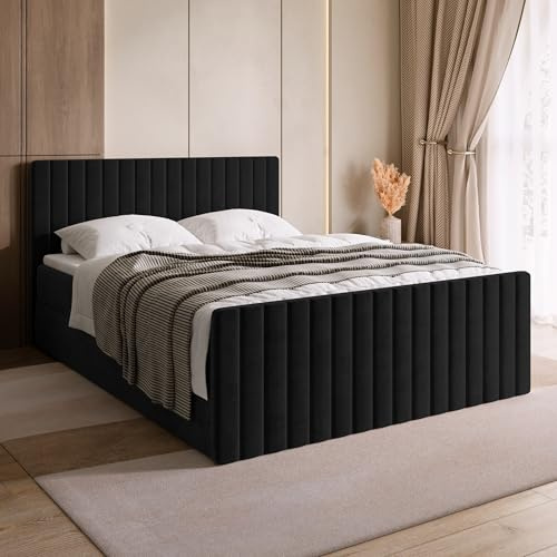 BROMARKT Boxspringbett 180x200 mit Bettkasten Topper Härte H3 Schwarz | Doppelbett mit Bonellmatratze gepolsterte Kopfstütze Fußteil Polsterbett Bett Bed Jugendbett Einzelbett hinterteil DREAM DUO