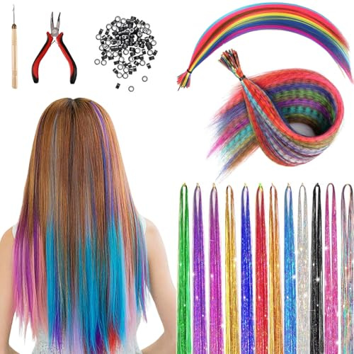 Joycabin Set di 60 extension colorate per capelli, 10 colori, extension per capelli sintetici, ciocche di capelli per bambini, con attrezzi, per donne, ragazze e bambini, feste e festival