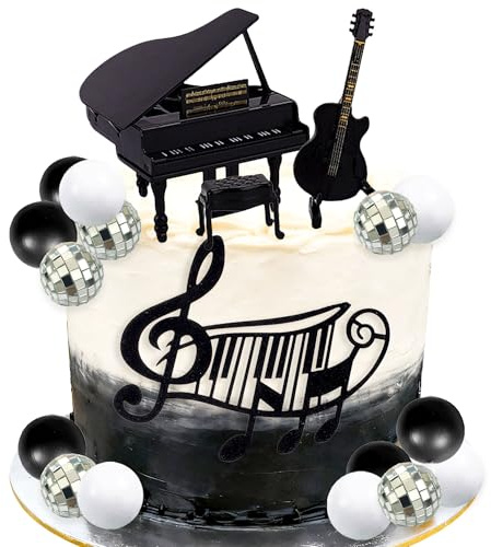 Svart musik tårtdekoration piano gitarr noter dekorationsbollar tårtdekorationer för musiker födelsedagsfest rock temafest tillbehör