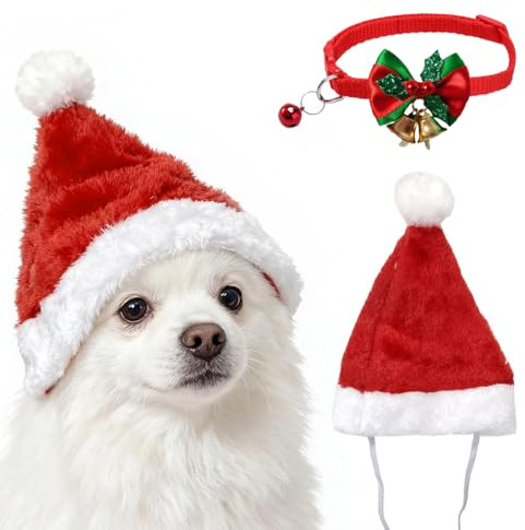 VYNZOR Weihnachtskostüm für Hunde und Katzen, Set mit 1x Weihnachtsmütze & 1x Fliege mit Glöckchen, Verstellbar, Weich und Bequem, Für Kleine und Mittelgroße Haustiere, für Weihnachtsfeier und Fotos