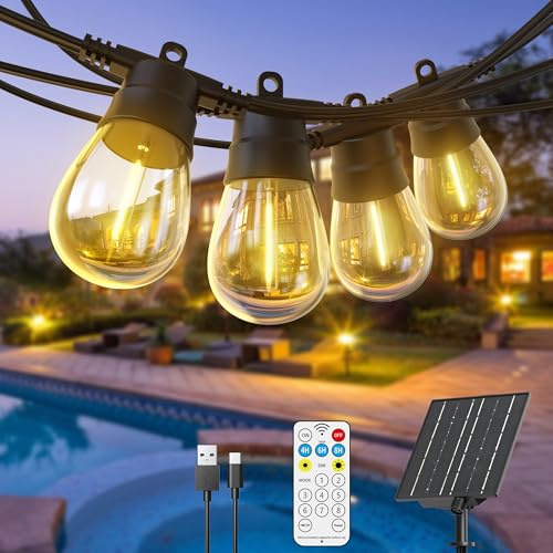GlobaLink Luces solares de 11,3 m para exteriores, 10 bombillas S14 regulables con control remoto, 8 modos de iluminación y temporizador, 2700 K blanco cálido, IP65 impermeable para jardín y patio