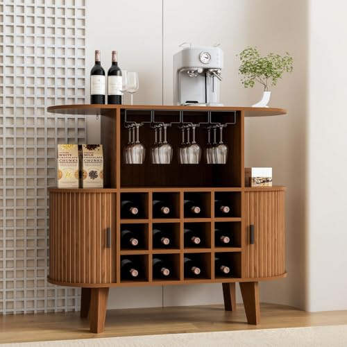Pruchant 35.4 Oval Wine Bar Cabinet with 12 Racks 4 Glass Holders, Small Coffee Bar Cabinet with Sliding Tambour Door for Home, Kitchen, Living Room, Walnut