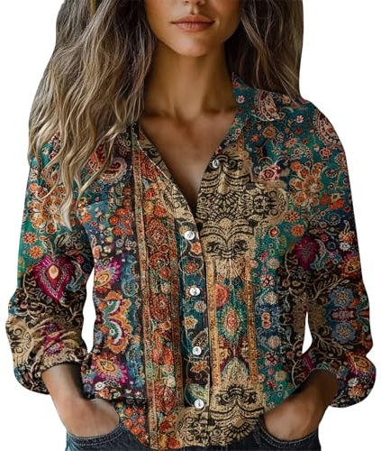 Cocila Shirts for Women UK Cotton Shirt Printed Fashion Button Down Casual Tops Long Sleeve Blouse (Brown, L) Ladies T White Womens Hawaiian 3/4 Tshirts Women's Black V Neck Linen Trousers Denim