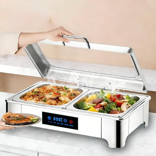 BOVDC Elektrischer Chafing Dish Glasdeckel, 9L Edelstahl(1/2 Pan) | Speisewärmer Buffetwärmer Elektrisch Einstellbarer Temperatur, Elektrisch Warmhaltebehälter Essen mit Abnehmbarer Heizplatte