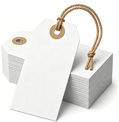 100 Stück Preisschilder Anhänger,Preisetiketten,7 X 3,5cm Geschenkanhänger mit Schnur,Weiß Geschenk Flohmarkt Etiketten Hängeetiketten mit Faden Beschriften für Kleidung Geschenke Schmuck Display