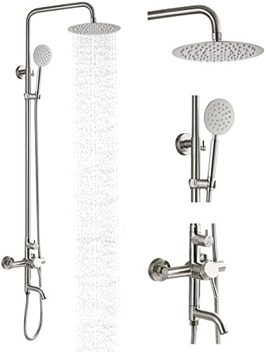 gotonovo Stainless Steel SUS304 Silver Shower faucet Set Wall Mount Triple Function Shower System 8 inches Shower Head Bathroom Adjustable Hand Spray Rainfall Brushed Nickel Shower Faucet Complete Set
