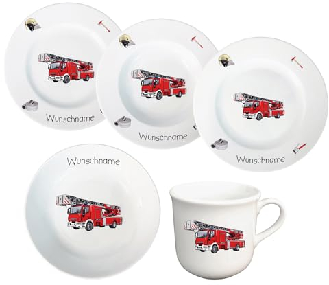 Kindergeschirr personalisiert - Kinderservice 5-tlg. Kinder Service Set aus Porzellan Teller Becher Schale personalisierbar mit Wunschname Name Kindergeschirr mit Namen personalisiert (Feuerwehr)