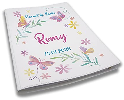 Protège carnet de santé personnalisé, idée cadeau personnalisable bébé, cadeau naissance original, Housse carnet de santé Papillons aquarelle - LC0001b (Blanc)