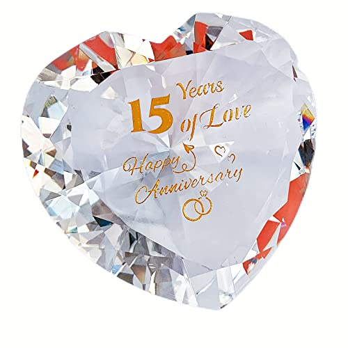 Romantische Geschenke zum 15. Jahrestag für Paare, Frauen, Ihre Mutter, Eltern, 15 Jahre Jahrestag Geschenke für Frau Freundin, Kristall Diamant geformte Briefbeschwerer Herz Heirat Andenken Ornamente