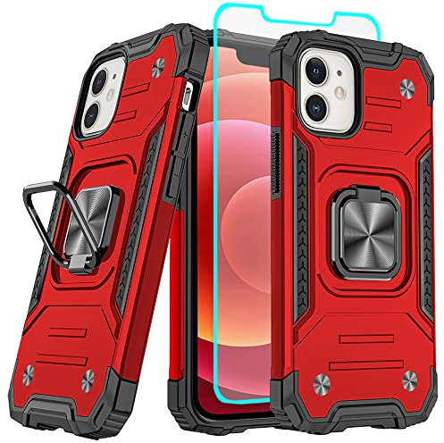 Cuoqing for iPhone 12 Case with Screen Protector, 360°Military Grade Rotatable Kickstand (Heavy Duty) Shockproof Protective Cases for iPhone 12 phone case（red）