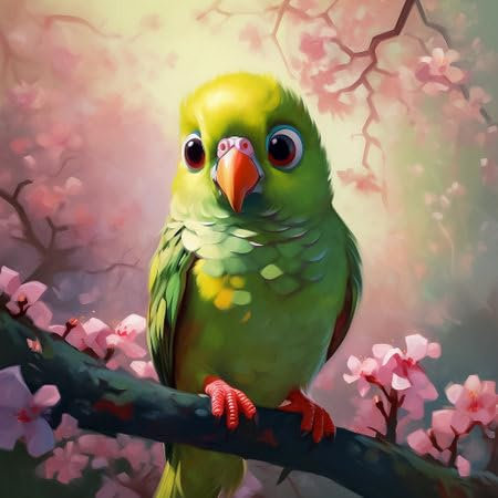 adrium Acryl-Bild 60 x 60 cm: Schöner grüner Papagei, der auf einem Ast mit Sakura-Blüten sitzt. Ölgemälde-Stil. KI generativ (203670654)