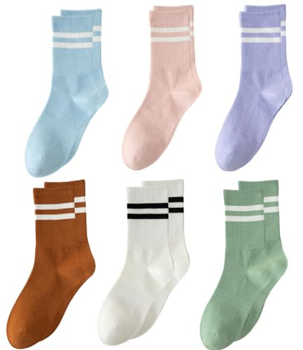 Copbopwn 6 Pares Calcetines Atléticos a Rayas de Moda para Mujer - Casual Cute Vintage Crew para Toda la Temporada