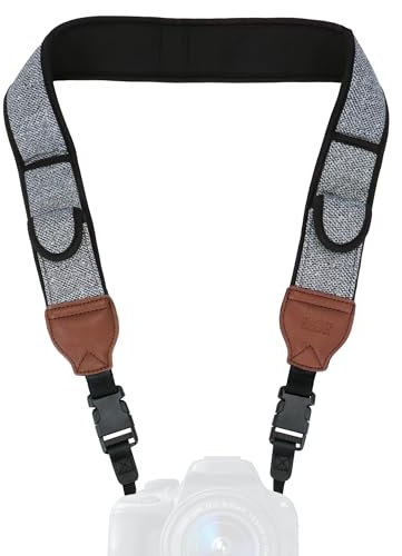 USA Gear TrueSHOT Sangle Appareil Photo Numérique DSLR/SLR, Courroie pour Réflex avec Pochettes de Rangement Rembourrées - Compatible avec Canon EOS, Nikon, Pentax et Plus - Motif Tissé Gris