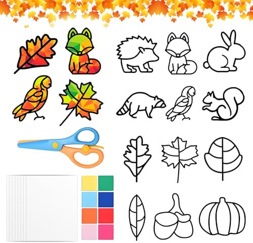 RoserRose Herbst Basteln Kinder, 12 StüCk Fensterbilder Herbst, Herbst Basteln Kinder, Bastelset Kinder, Diy Herbst Basteln FüR Kinder, Herbst-Bastelsets FüR Jungen MäDchen - Tier