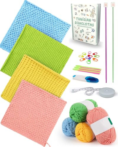 Aeelike Tunesische Häkelset für Anfänger, Häkel Lumpen Set mit Häkelnadeln Tunesisch 4,5mm 4,0mm, 5Ply Häkelgarn, Zubehör, Praktisch Lappen Häkelset Häkelpaket mit Anleitung, Häkeln für Kinder Set