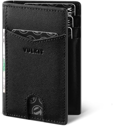 VULKIT Korthållare plånbok för män minimalistisk RFID-låsning liten läderplånbok för män med 10 kreditkortsfack och sedlar, Minimalistisk, Äkta läder