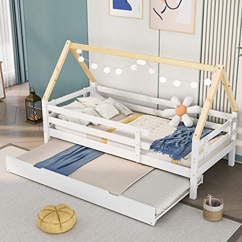 Baumhausbett, Tagesbett, Einzelbett, Kinderbett, Ausziehbett, Schiebebett mit Rollen unten, Massivholz, weißes Bett, naturfarbener Dachstuhl (90x200 & 90x190CM)