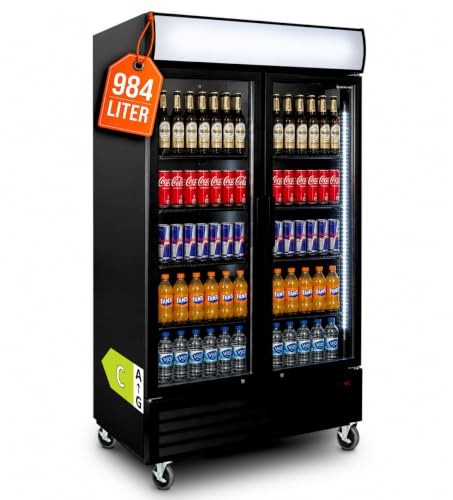 Getränkekühlschrank GKS-1000KT | 984 Liter | Flaschenkühlschrank mit 2 Glastüren | abschließbar | LED-Innenbeleuchtung & Leuchtaufsatz | 0 bis +10 °C | Bierkühlschrank | Getränkekühler Gastronomie