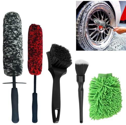 dogmoon Set med 5 bilrengöringsdelar för bilinteriör och exteriör, bilvårdsset med fälgborste, mikrofiber-fälgborste, hårda borstar, borste Mjuk borste Tvätthandske för motor, hjul