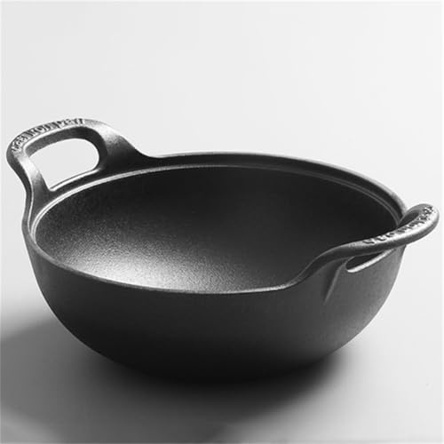Padella wok in ghisa, non rivestita, a doppio manico, fondo piatto, antiaderente, con coperchio in legno, per wok tradizionale cinese, per mescolare e cucinare in modo sano (A)