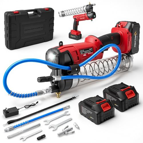 Juego de pistola de engrase con batería, 12000 psi, prensa de engrase eléctrica con 2 pilas de 4 Ah y cargador, capacidad de extracción de 5,3 oz/min, manguera e iluminación LED, desarrollada para