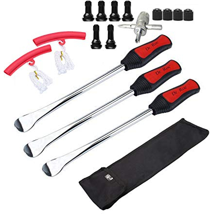 Dr.Roc Tire Spoon Lever Dirt Bike Lawn Mower Motorcycle Tire Changing Tools with Durable Bag 3 Tire Irons 2 Rim Protectors 1 Valve Stems Set TR412 TR413