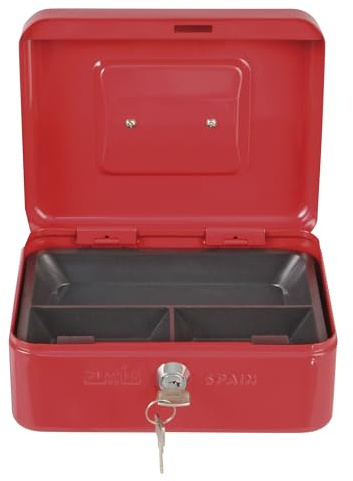 Amig - Caja de caudales - Caja de seguridad para dinero, billetes y monedas - Con bandeja portamonedas y 2 llaves - Color Rojo - Acero - 150 x 110 x 70 mm