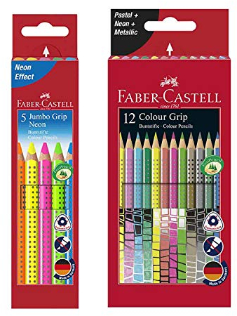 Faber-Castell 110994 - Buntstifte Jumbo Grip Neon, 5er Etui (1, inkl. 12 Sonderfarben)