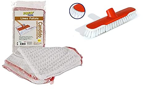 FOFO' FercasaShop® 10 Panno STROFINACCIO lavapavimenti in Cotone GIGANTE CM.42X73 + Spazzolone con setole extra forti e paraurti - straccio Pavimenti Ottimo per Lavare i Pavimenti Kit da 10 Pezzi