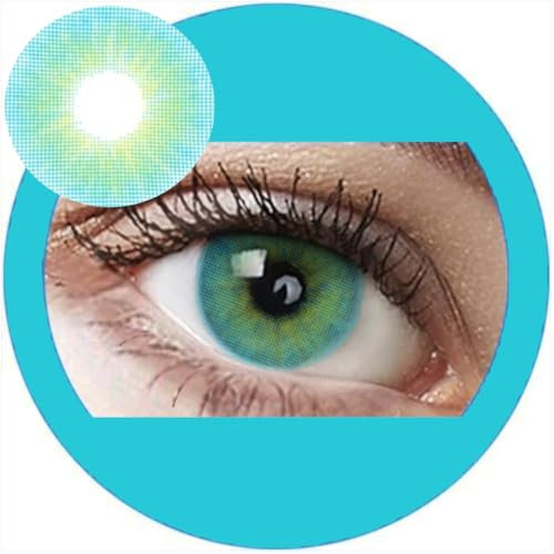 Aqua Blue: Farbige Jahres Kontaktlinsen ohne Stärke mit Aufbewahrungsbox braun blau grün grau türkis weich als 2er Pack (2 Stück) angenehm zu tragen, perfekt für helle und dunkle Augen