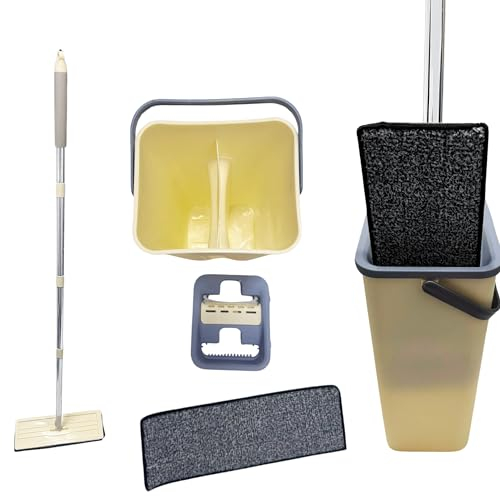 12.5L Strong and Durable Plastic Mop and Bucket with Carry Handle - Wringer Power Mop Bucket, Beige Colour Easy Mop Cleaning Suitable for Home and Office, 2 Compartment Bucket