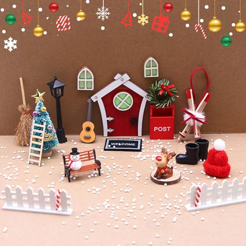 FZQBEY Wichteltür Zubehör Weihnachten Set, Weihnachtswichtel Tür Set Weihnachtsdeko Elfentür, Holz Wichtel Tür mit Miniatur Briefkästen, Zäun, Leiter, Stiefel, Kranz, Feentür Set, Weihnachtsdeko (A)