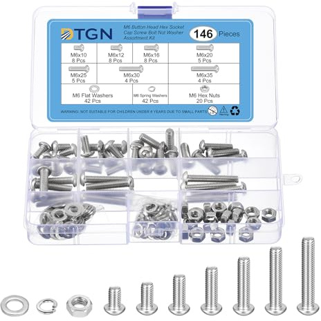 DTGN 146 Piezas M6-1X10~35 Tornillo de Cabeza Hexagonal con Tapa, Perno Tuerca Arandela Kit de Surtido de Acero Inoxidable 304