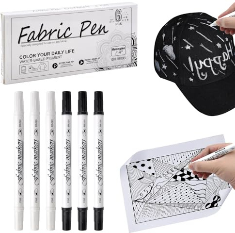 6 Pezzi Pennarello Indelebile per Tessuti e Stoffa, 1-5mm Doppia Punta Pennarelli Resistenti ai Lavaggi Fabric Markers Pen Fai Da Te Pittura per Decorazioni T-Shirt Bavaglini Borse (Bianco e nero)